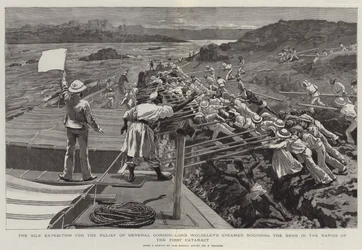 Die Nil-Expedition zur Rettung von General Gordon, Lord Wolseleys Dampfer um die Biegung in den Stromschnellen des ersten Katarakts